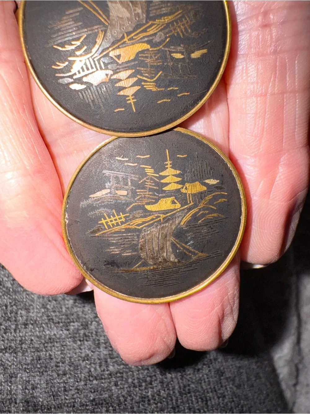 Vintage 1930’s Amita  Japanese Black & Gold Scenic cuff links Pair